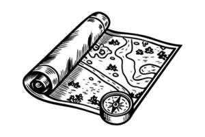 Old treasure map scroll with compass vintage hand drawn illustration of adventure navigation, hidden path discovery vector