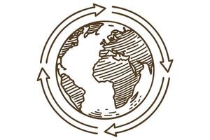 Earth globe with circular arrows hand drawn sketched world map, global movement, environmental sustainability concept vector