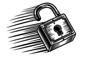 Open padlock in motion, security and access concept unlocked lock with speed lines, black and white illustration vector