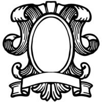 Vintage ornate frame with blank oval centerpiece and decorative scrollwork, antique retro emblem design vector