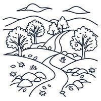 Autumn landscape line art with trees, winding path, hills, and falling leaves nature scenery outline drawing vector