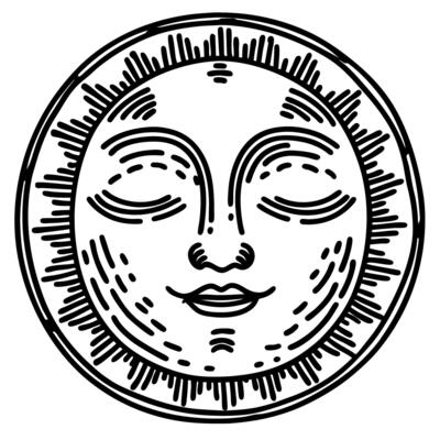 Peaceful sun face illustration with closed eyes vintage celestial symbol, hand drawn line art, mystical astronomy motif