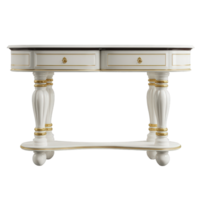 Close up of a white and gold console table with two drawers and ornate legs png