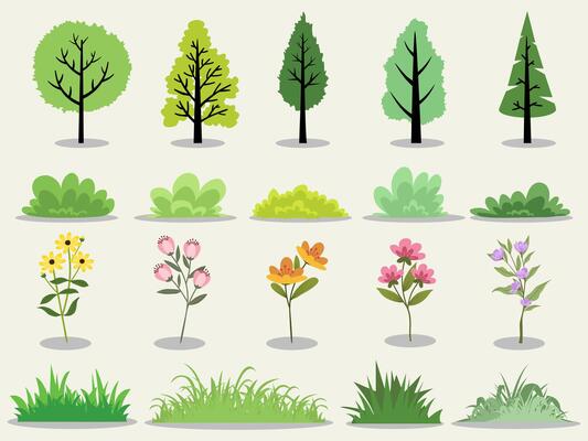 Collection of flat trees, grass, flowers Icon silhouette isolated style.