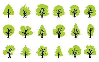 Collection of flat green trees Icon simple style. vector