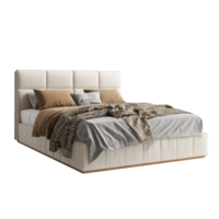 A modern bed with a textured headboard and soft bedding in a minimalist style png