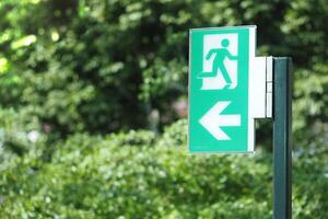 Green exit sign guiding the way in a lush environment photo