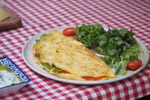 Vegetable omelette with salad on checkered table photo