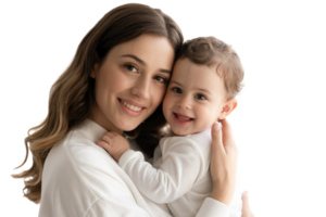 Smiling Mother Holds Happy Baby Isolated on Transparent Background Portrait png