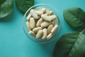 Top View of Herbal Supplements in Bowl with Green Leaves on Teal Background photo
