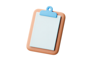 3D Rendering of Clipboard with Paper, Blue Clip, Peach on Transparent Background png