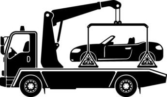 Black tow truck sign with a car on the platform or simple towing symbol without background. Suitable for parking restriction or vehicle evacuation themes. vector