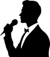Silhouette of a man holding a microphone, ideal for themes like music, performance, podcasting, or public speaking vector