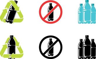 Set of icons showing plastic bottles for recycling, prohibition, and drinks without background. Includes green arrows, red and black prohibition signs, and grouped bottle silhouettes. vector