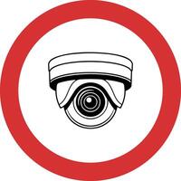 Black and white icon of a surveillance camera with red circular frame, indicating recording, without background vector
