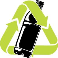 Bright plastic recycling icon with black bottle in green triangle without background. Symbol for waste sorting, eco-friendly packaging, and environmental awareness. vector