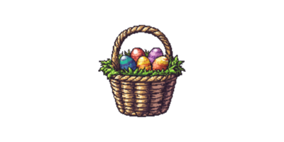 Woven basket with colorful eggs and green foliage isolated on transparent background png