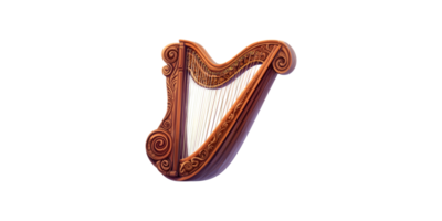 Wooden carved harp with strings isolated on transparent background png