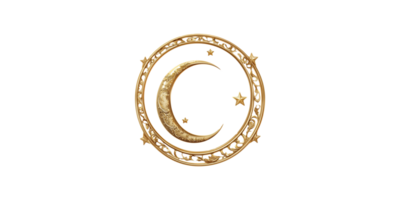 Golden crescent moon and stars emblem enclosed in ornate oval frame isolated on transparent background png