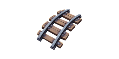 Curved wooden railway track with metal rails isolated on transparent background png