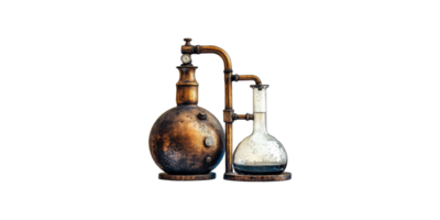 Vintage chemistry apparatus with rusted metal and glass flask isolated on transparent background png