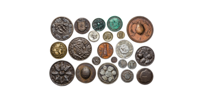 Assorted antique coins collection isolated on transparent background png
