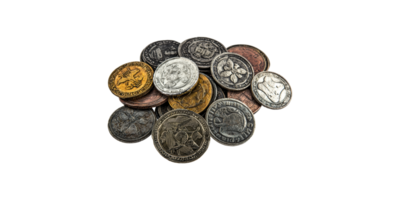 Assorted vintage coins pile isolated on transparent background png