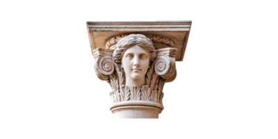 Ancient corinthian column capital with face motif isolated on transparent background png