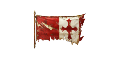 Tattered medieval flag with red and white design isolated on transparent background png