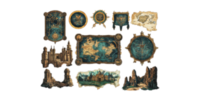 Vintage fantasy maps and castles collection isolated on transparent background png