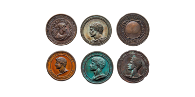 Ancient roman coins collection isolated on transparent background png