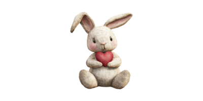 Cute plush bunny holding red heart isolated on transparent background png