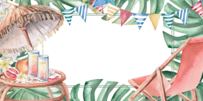 Rectangular frame with beach chair and umbrella, festive flags and table with treats. Isolated watercolor illustration on party theme for invitations, menus, posters. png