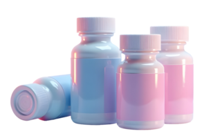 Plastic medicine bottle with pastel label and cap in soft light png