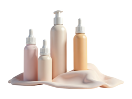 Neutral tone cosmetic bottles with dropper and pump on soft fabric png