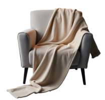 Cozy armchair with soft beige blanket draped over it creating warm inviting feel png