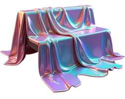 Iridescent fabric draped over bench with smooth, shiny, colorful folds creating futuristic look png