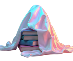 Stack of books covered with shiny silk fabric glowing with colorful light creates magical mood png