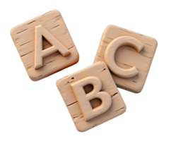 Wooden alphabet blocks with letters A, B, and C carved in natural wood texture png