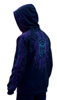 Dark hoodie with glowing blue circuit pattern and futuristic design back, creating tech inspired png