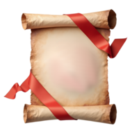 Ancient scroll with red ribbon wrapped around, showing vintage paper texture and curled edges png