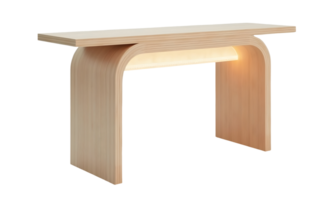 Modern wooden console table with curved legs and built in warm light png