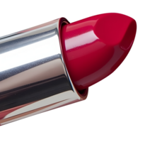 Red lipstick with shiny silver case, close up view showing smooth texture and vibrant color png