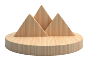 Wooden mountain display with three triangular shapes on round base, natural wood texture png