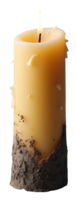 Burning candle with melted wax and textured base glowing warmly png
