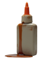 Spilled glue bottle with brown adhesive leaking and dirty container on surface png