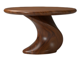 Swirling wood table with smooth polished surface and elegant curved base png