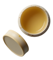 Open container with yellow balm inside and lid beside it, showing smooth texture and slight png