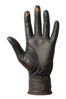 Worn leather glove with visible damage and rust stains showing heavy use and age png