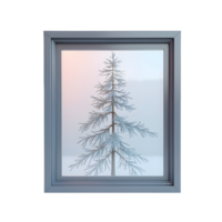 Framed winter tree with snow on branches in simple blue frame, peaceful and minimalistic png
